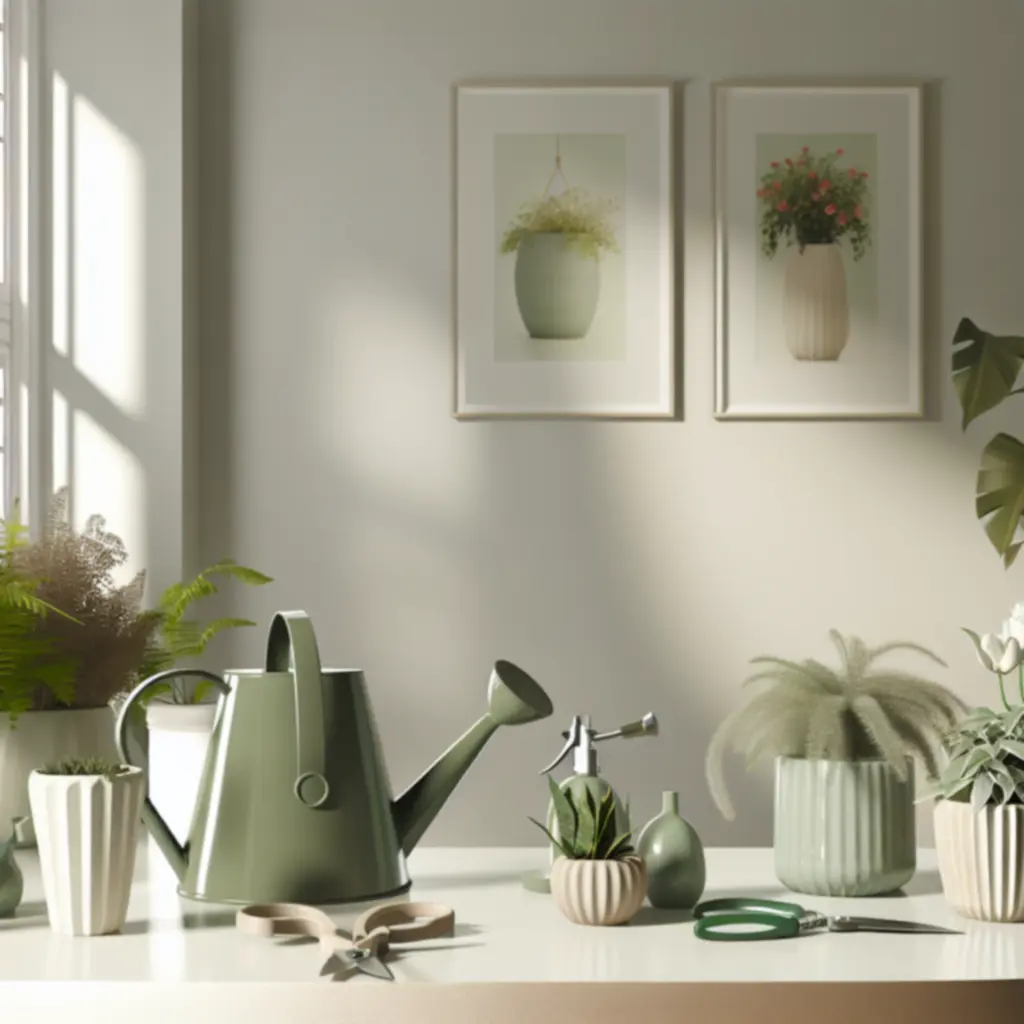 Zestaw akcesoriów do roślin ustawionych na jasnym, drewnianym blacie