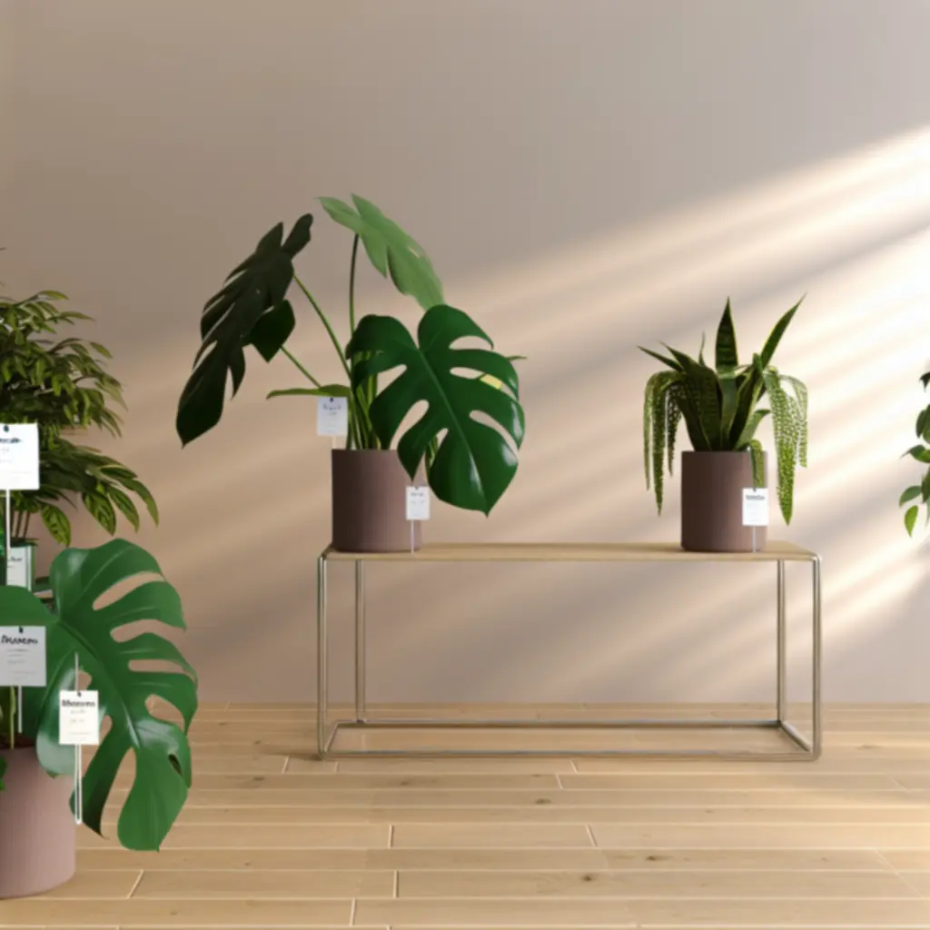 Popularne rośliny doniczkowe ustawione w grupie na podłodze i regale