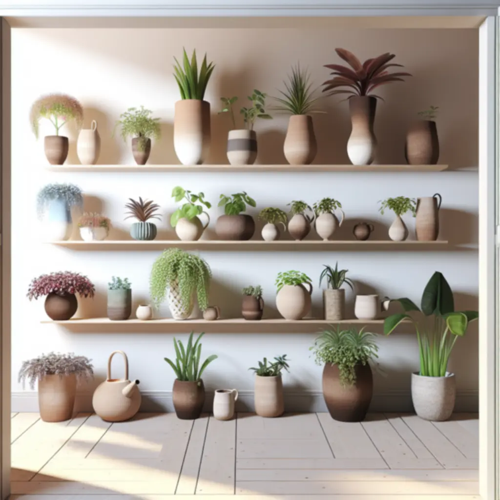 Dekoracyjne donice i osłonki ustawione na jasnej półce