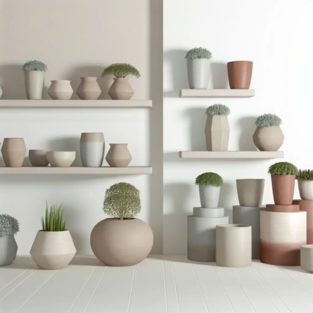 Zestaw eleganckich doniczek w naturalnych odcieniach ustawionych na drewnianym stoliku