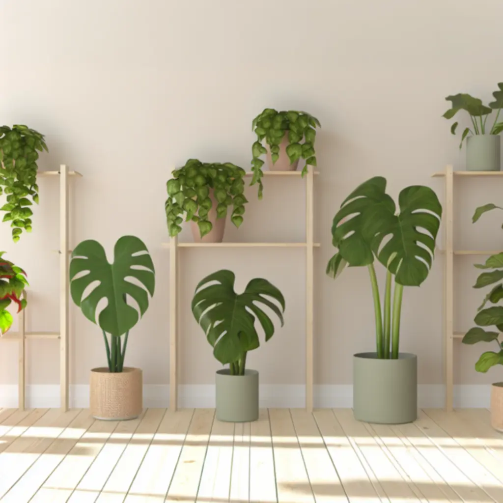 Różne rośliny doniczkowe ustawione w jasnym wnętrzu