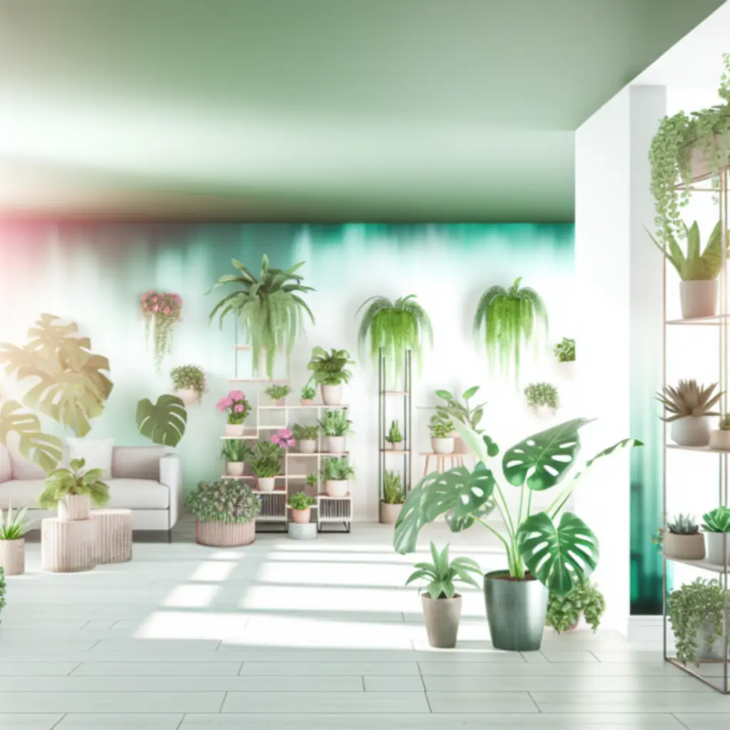 Kolekcja zielonych roślin domowych ustawionych na półkach i stoliku w jasnym wnętrzu