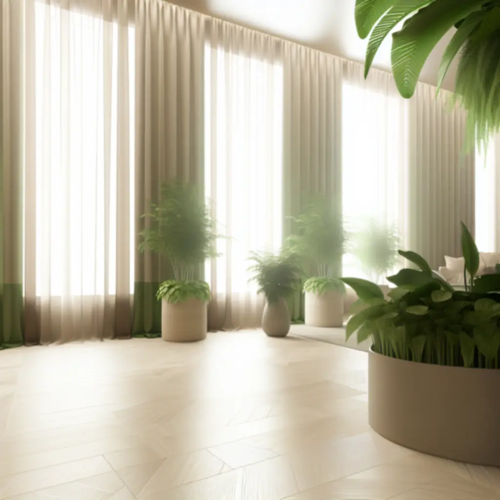 Jasne, spokojne wnętrze z zielonymi roślinami doniczkowymi