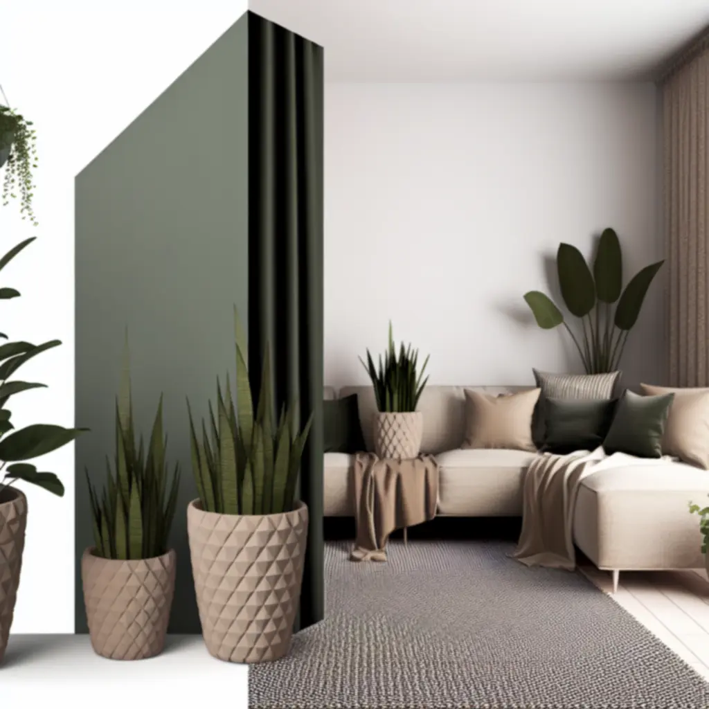 Salon z licznymi roślinami doniczkowymi w jasnym wnętrzu