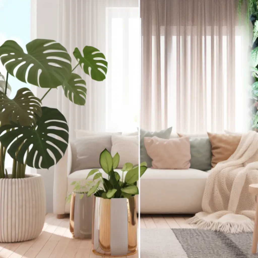 Salon z roślinami IndoorPlantPL rozmieszczonymi w naturalnej, przytulnej aranżacji