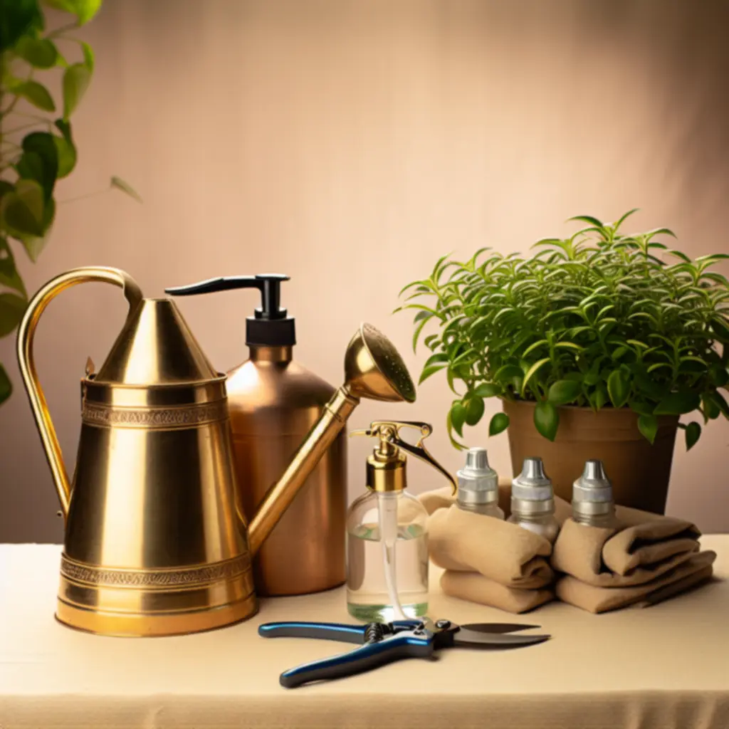 Akcesoria do pielęgnacji roślin ułożone na stole