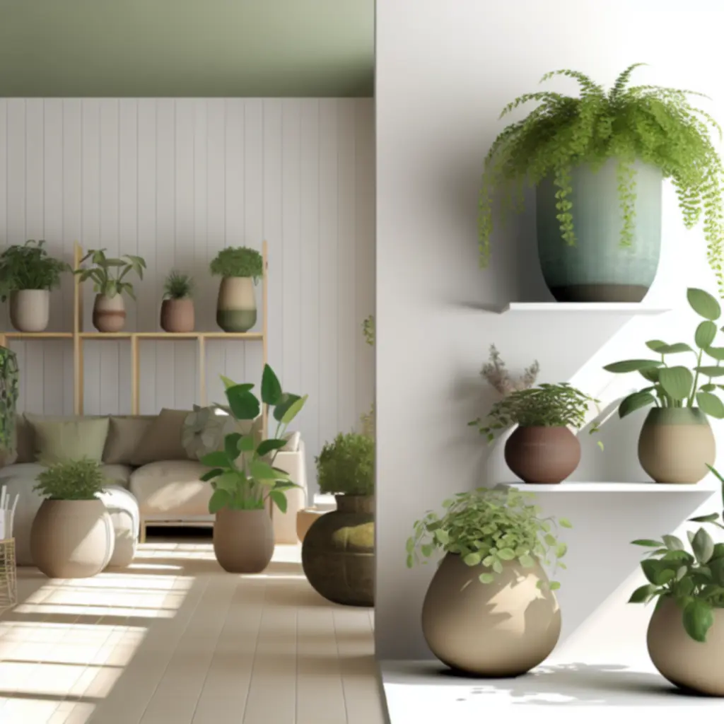 Kolekcja eleganckich donic z roślinami w jasnym, naturalnym wnętrzu