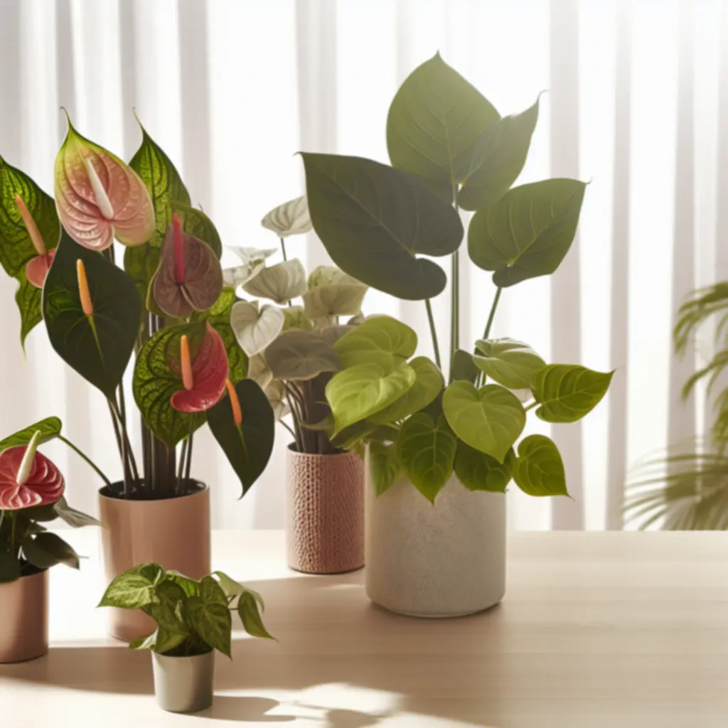 Sezonowe rośliny domowe ustawione na stole w jasnym, przytulnym wnętrzu