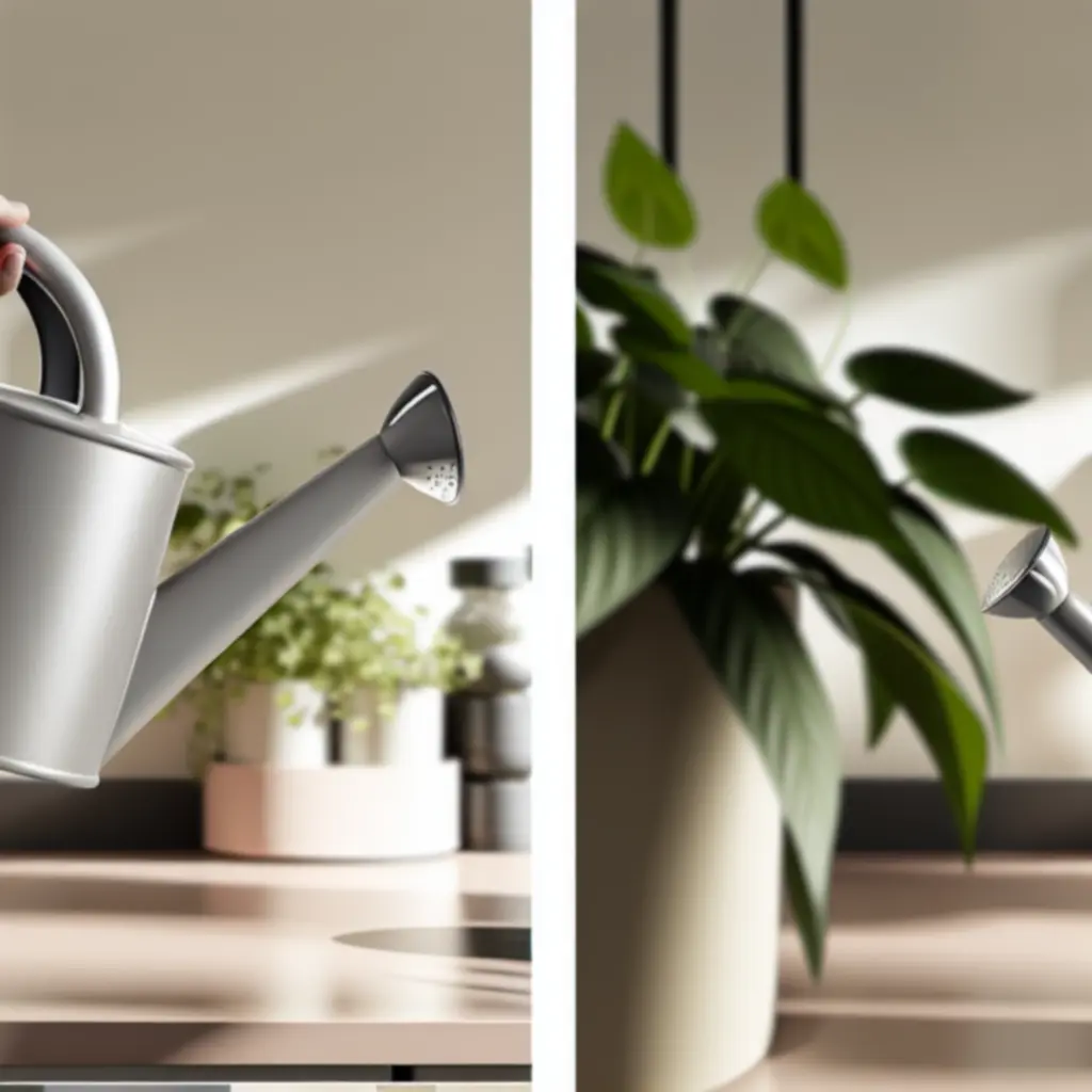 Nowoczesna, elegancka konewka do roślin ustawiona obok doniczek