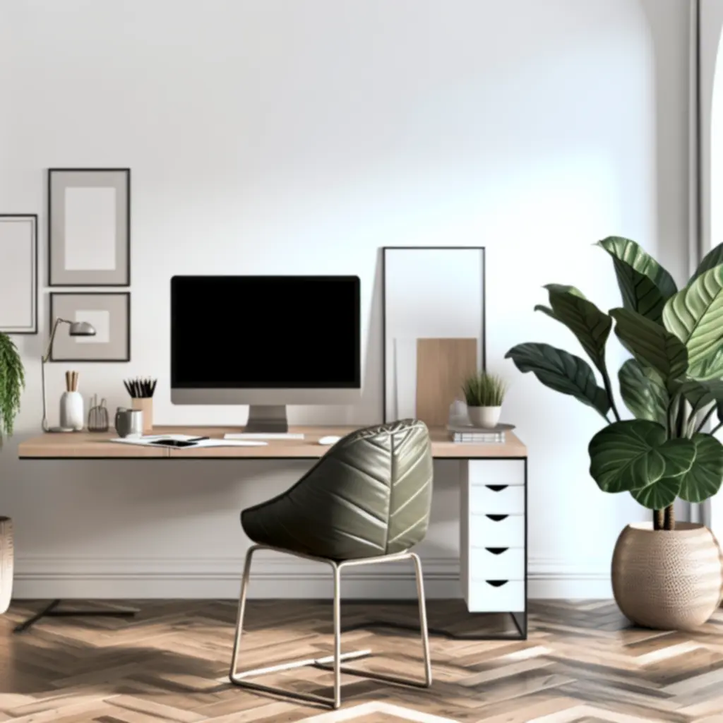 Biurkowa aranżacja z roślinami doniczkowymi w jasnym, nowoczesnym miejscu pracy